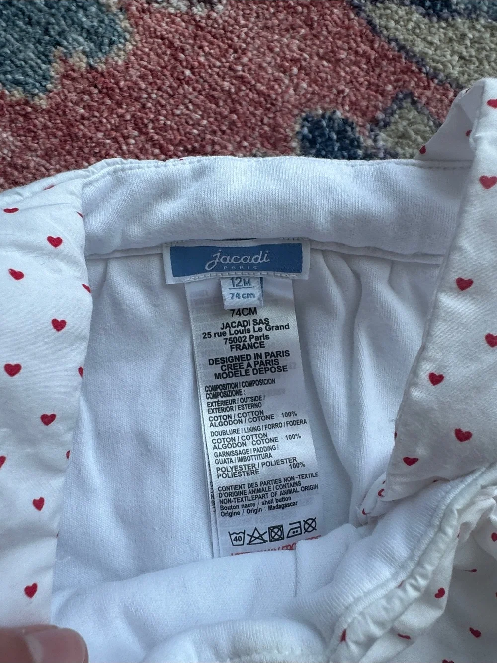 Jacadi French Paris puffer overalls white tiny red hearts 12 months 100% cotton
